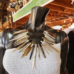 Wild Boar Horn on Cotton Cord Statement Necklace -Cream Version